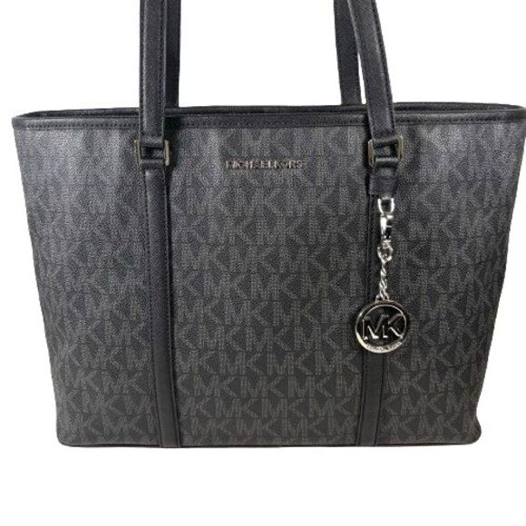 Michael Kors Jet Set Travel Sady Large Laptop Tote Black Signature Shoulder Bag